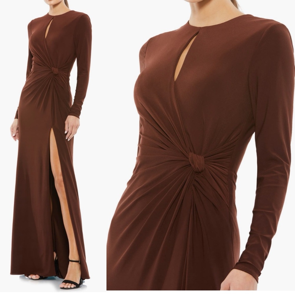 Ieena Mac DuggalRuched KeyholeLong SleeveJersey Gown Size 4  Chocolate Brown